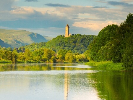 river with monument in background